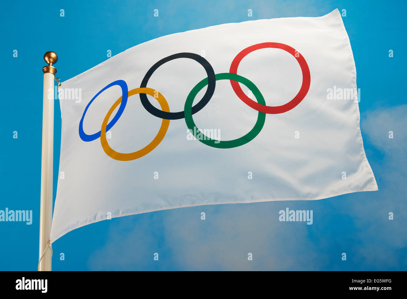 olympic flag flying Stock Photo