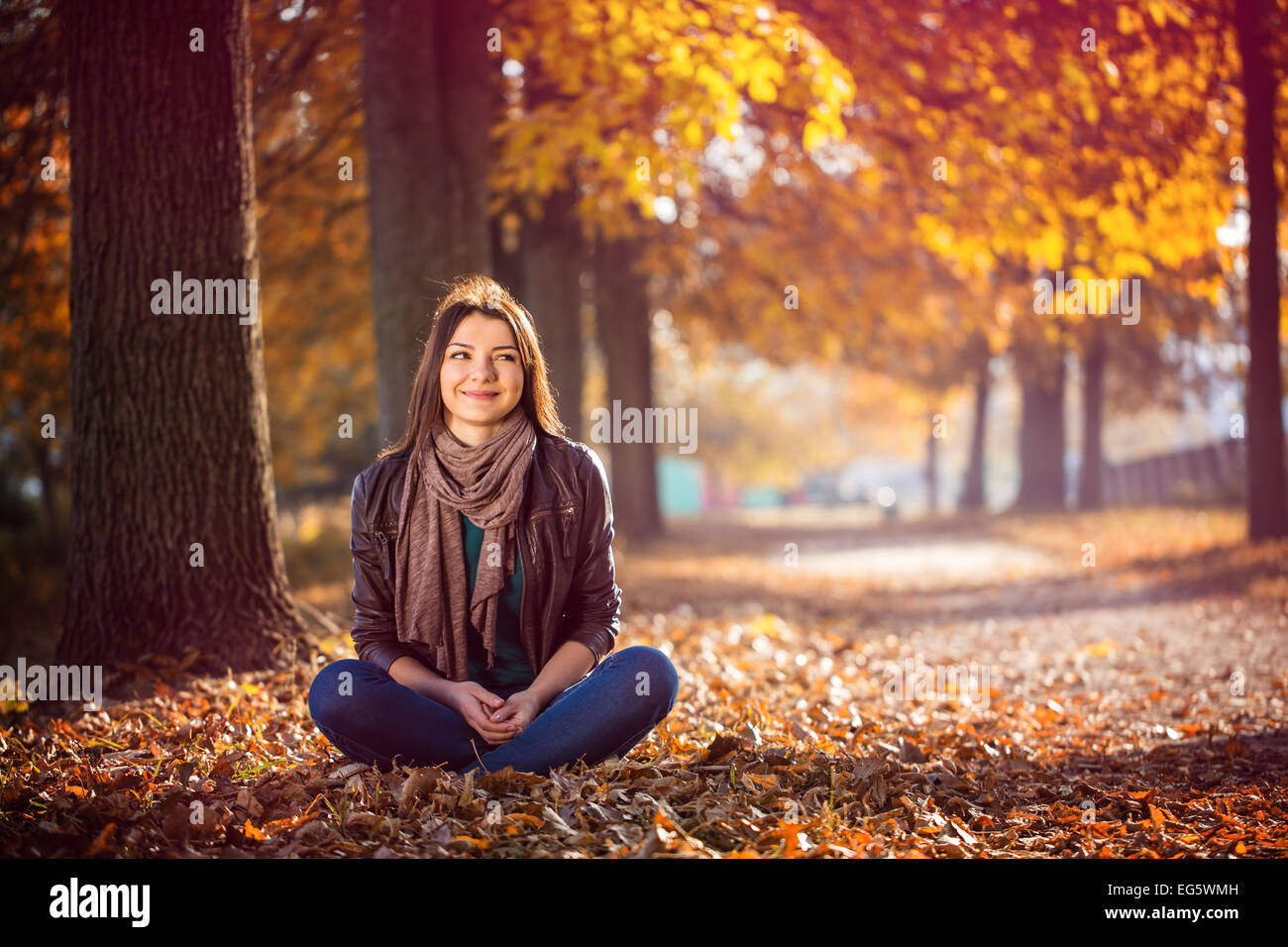 girl sitting park autumn sunny portrait Stock Photo Alamy