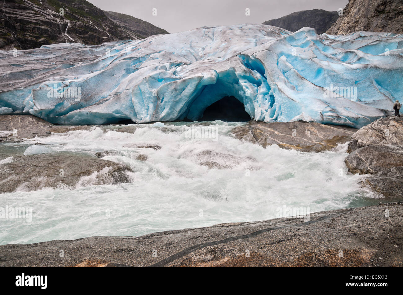 Jostedalsbreen glacier and glacial river in Norway - melting because of Global warming. Stock Photo