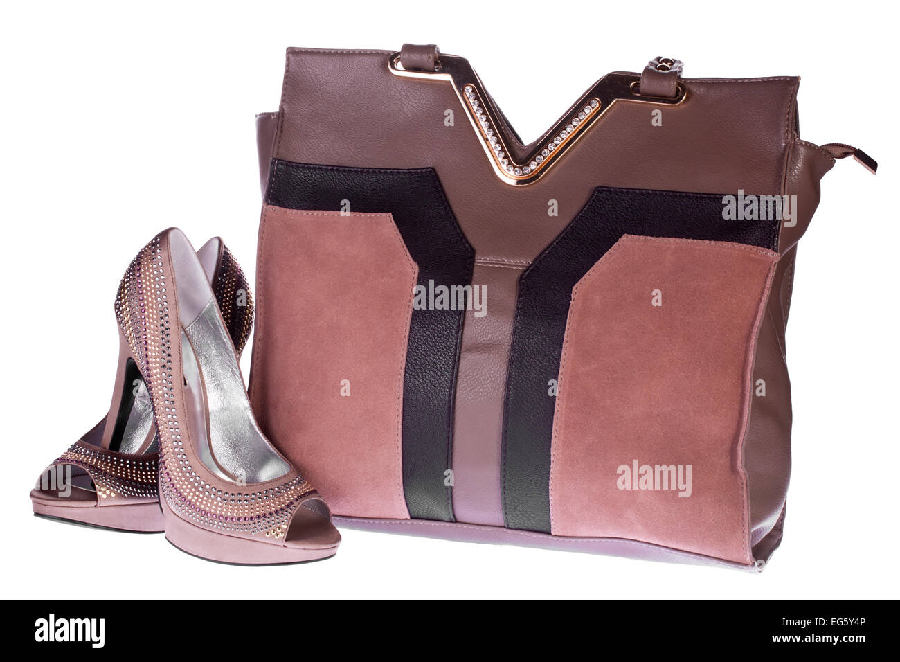 women bronze shoes and a brown bag, isolated on white Stock Photo Alamy