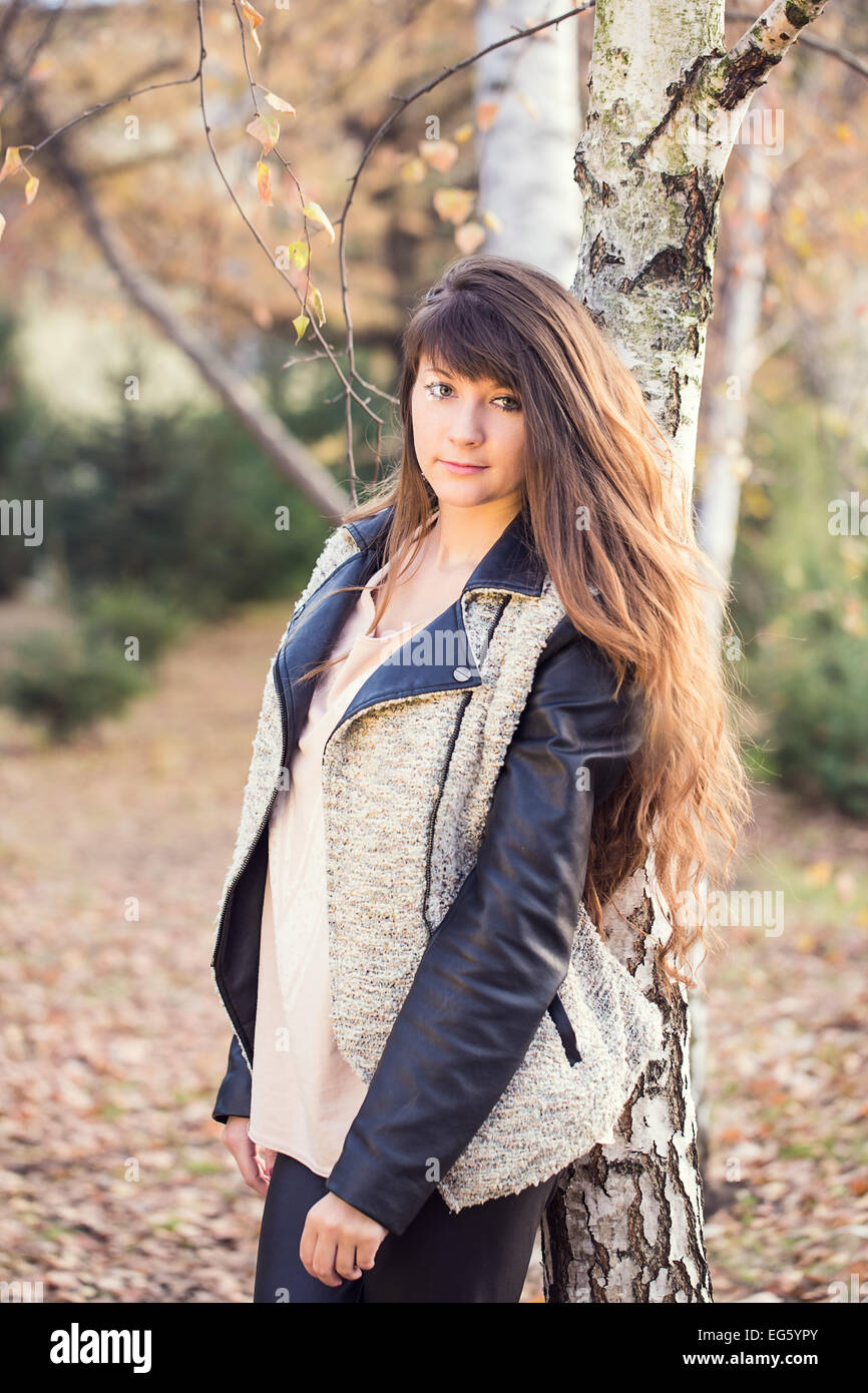 girl park autumn birch sunny portrait Stock Photo - Alamy