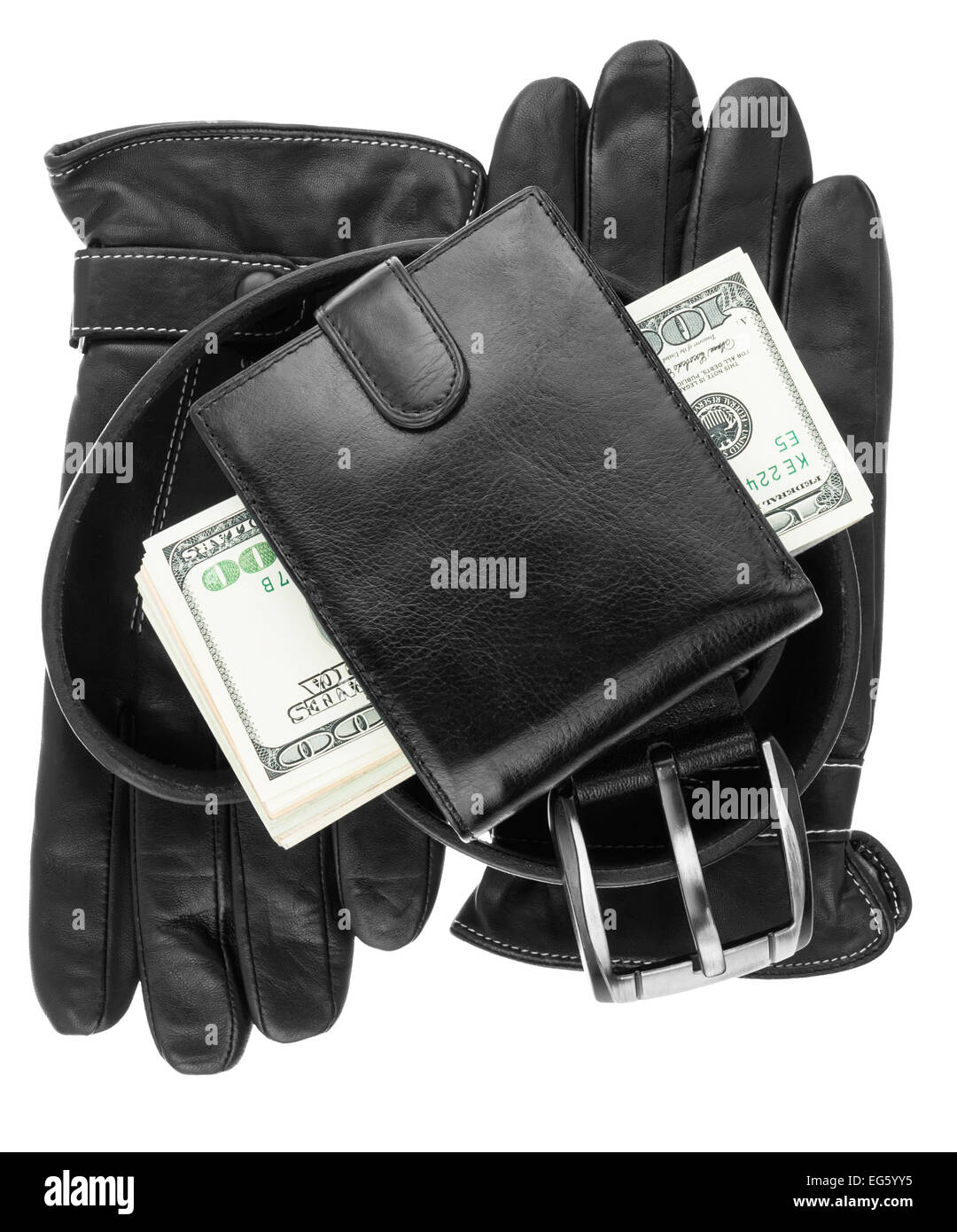 Mens wallet,money, belt and gloves, isolated on white background Stock Photo