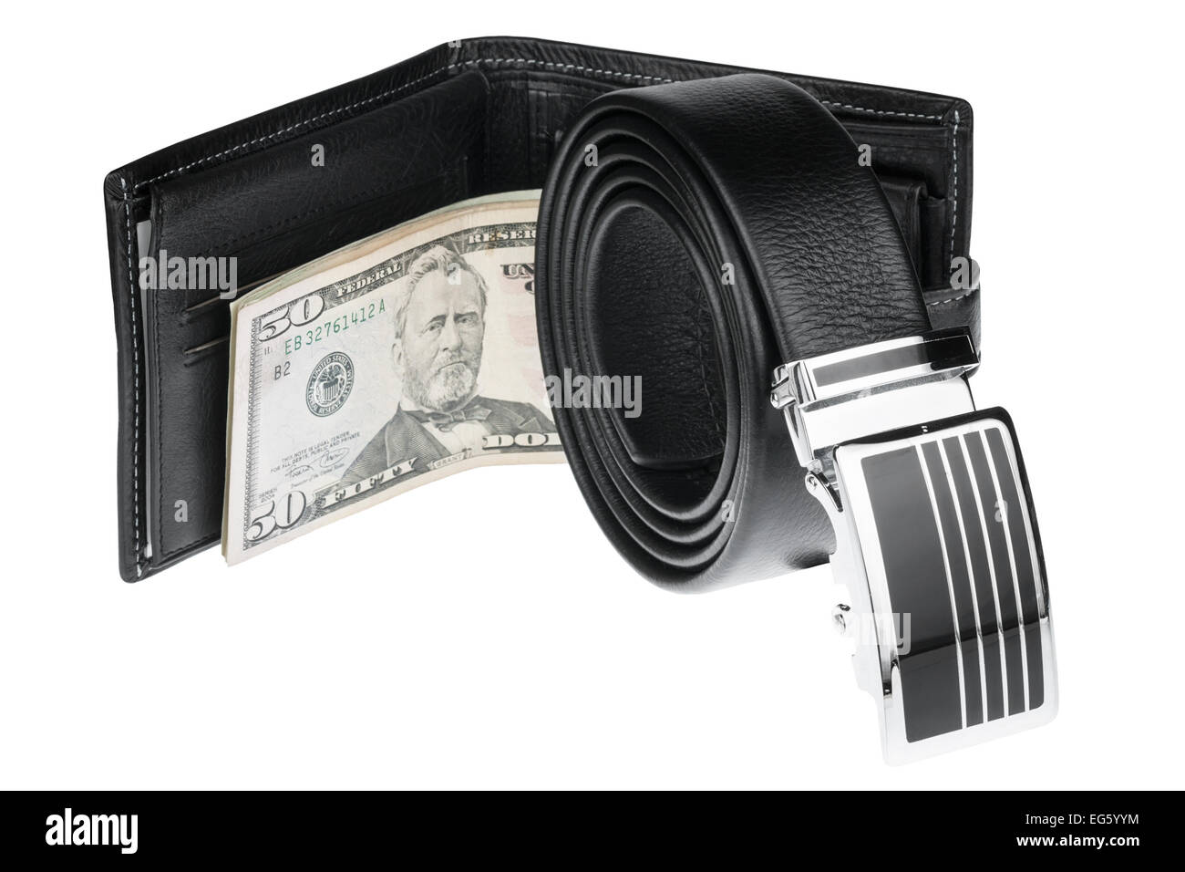 Men's belt, wallet with money, isolated on white background Stock Photo