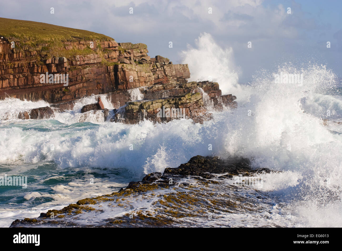 Waves crashing over rocks, coastline near Point of Stoer, Assynt, Sutherland, NW Scotland, UK, October. Did you know? 20 million Stock Photo