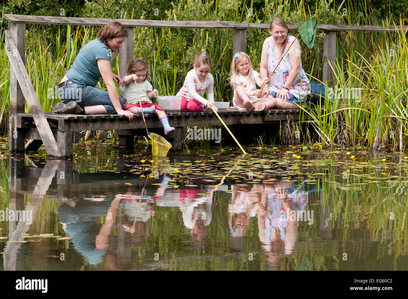 Children and mothers pond dipping and enjoying pond environment at