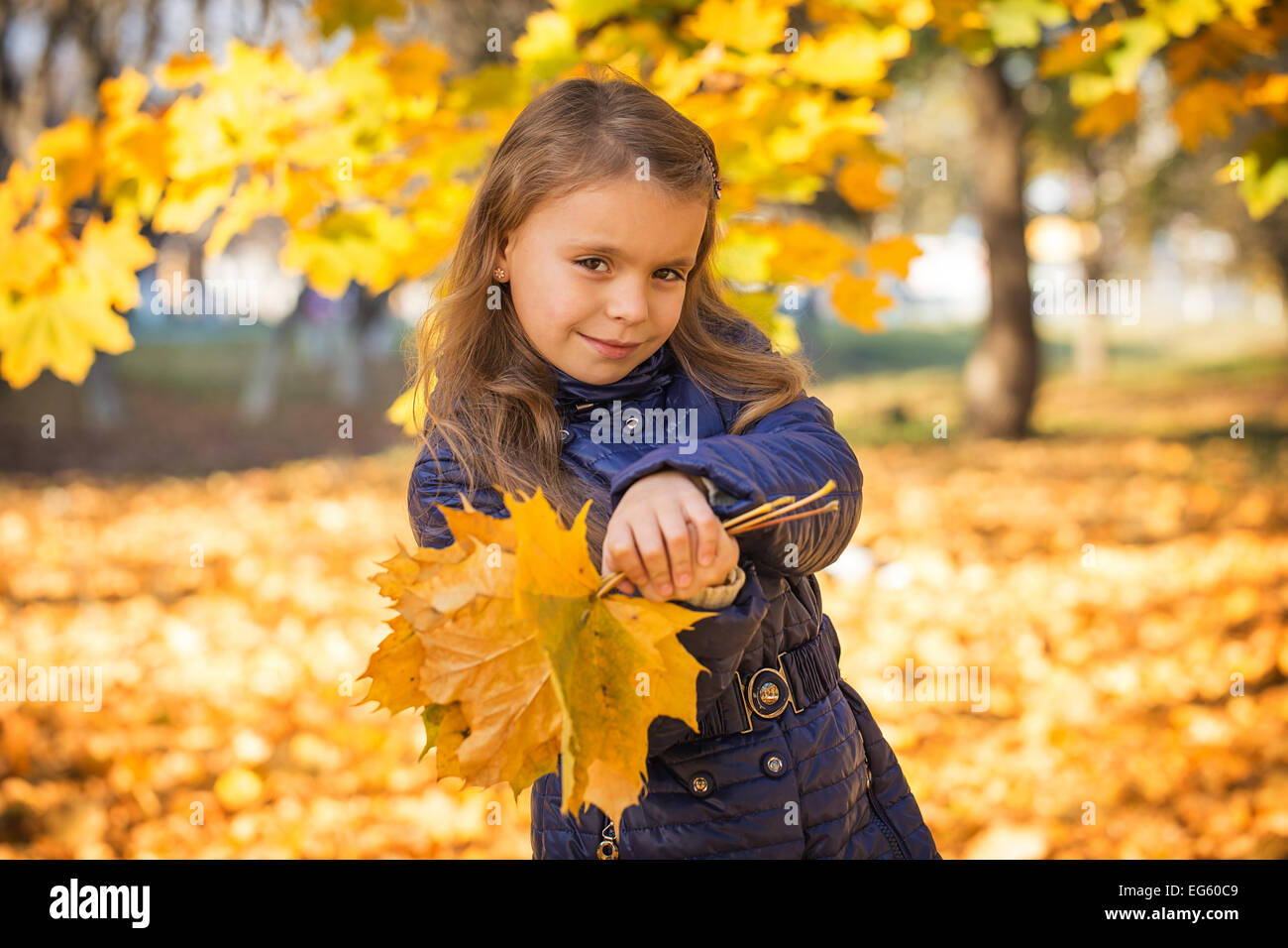 young girl in autumn park golden leaves Stock Photo - Alamy