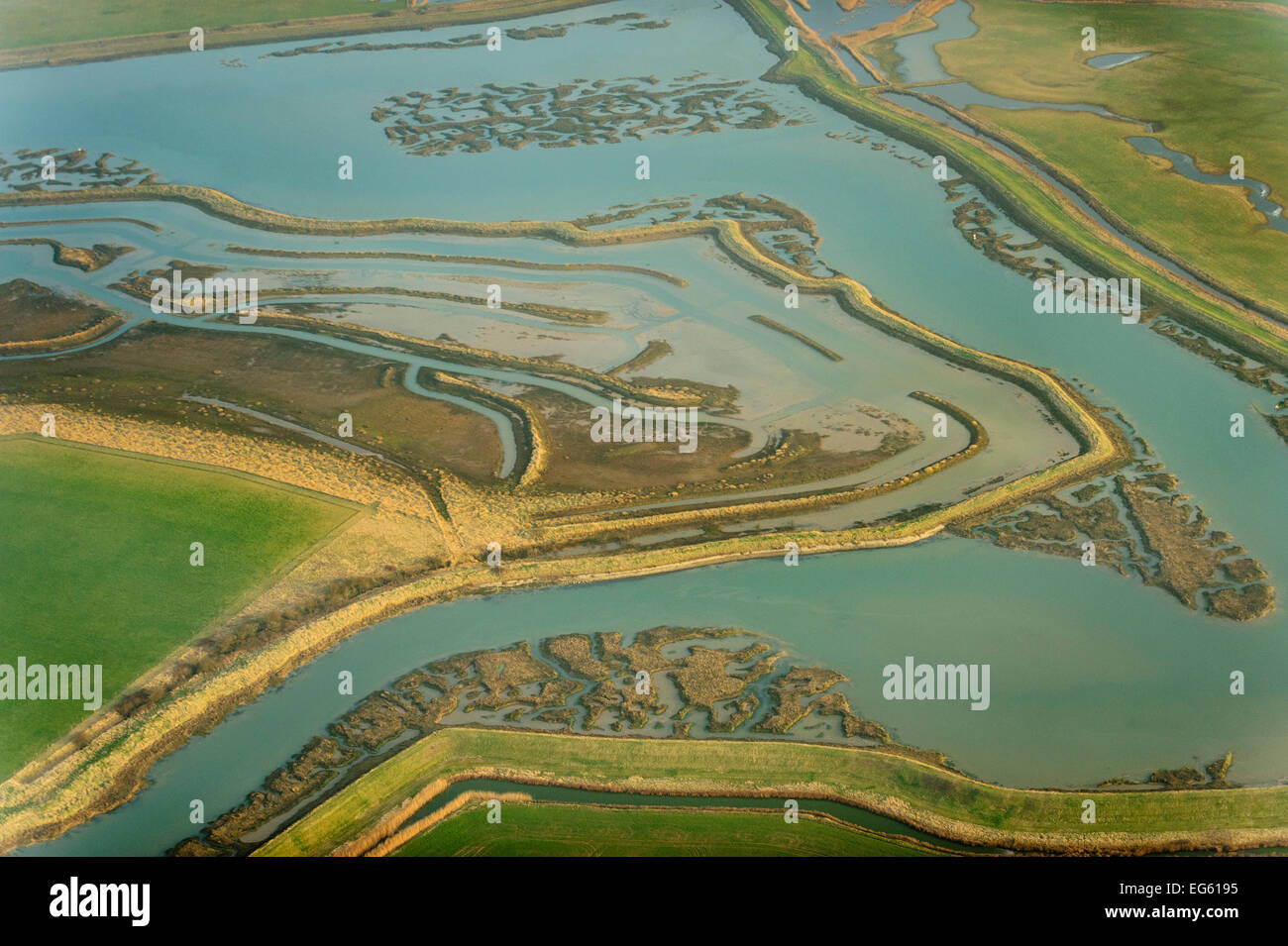 Remnant saltmarsh and coastal realignment at Abbotts Hall Farm, Essex, UK, March 2012. Did you know? 24% of the English coastline is saltmarsh. Stock Photo