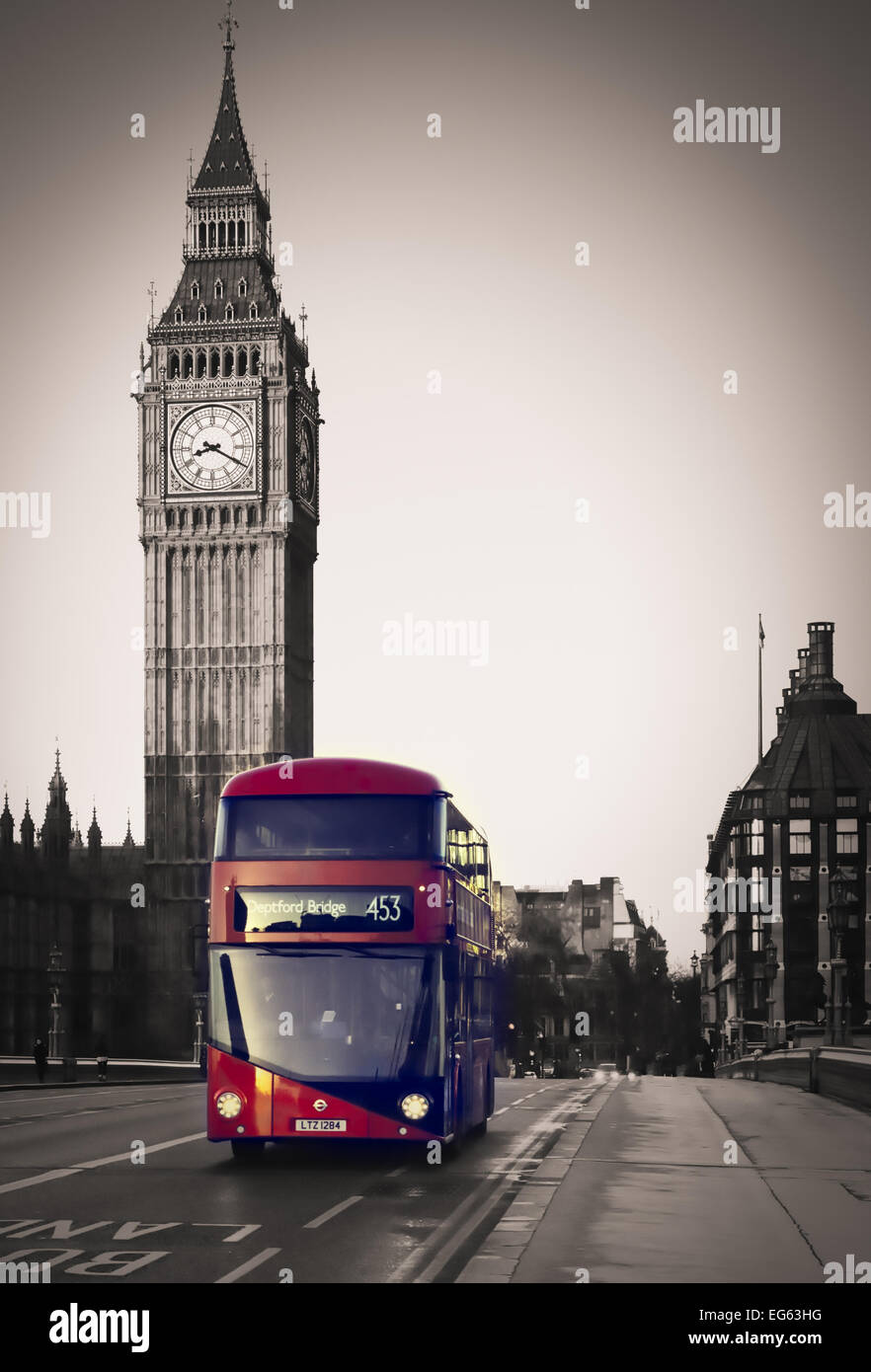 new route master Bus Over Westminster bridge Stock Photo