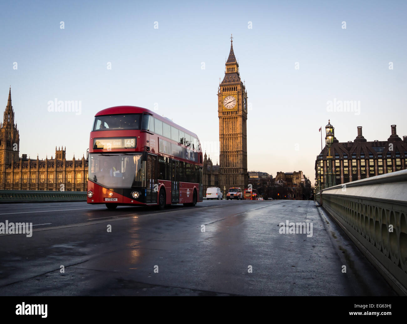 new route master Bus Over Westminster bridge Stock Photo