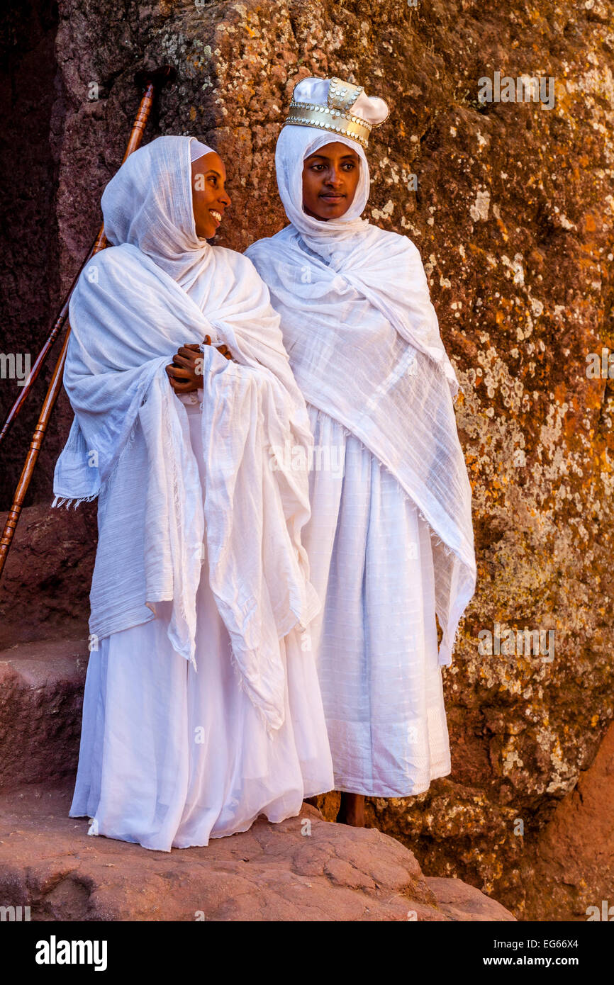 Ethiopian Wedding, A Bride and Her Maid Of Honor At Biete Maryam Church, Lalibela, Ethiopia Stock Photo