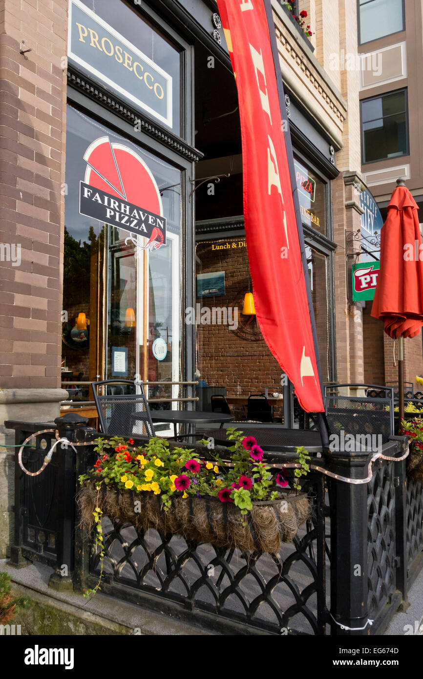 Outdoor patio of Fairhaven Pizza restaurant in downtown Fairhaven, part