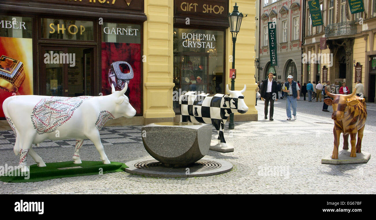 Prague Cow Parade of life size fiberglass cows each painted with unique