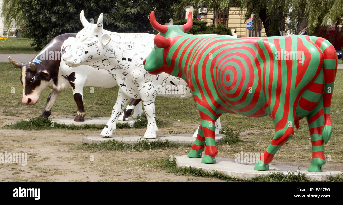 Prague Cow Parade of life size fiberglass cows each painted with unique
