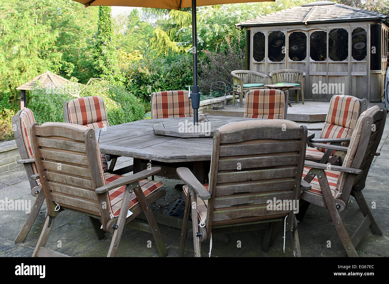 set of jarrah wood patio furniture Stock Photo Alamy