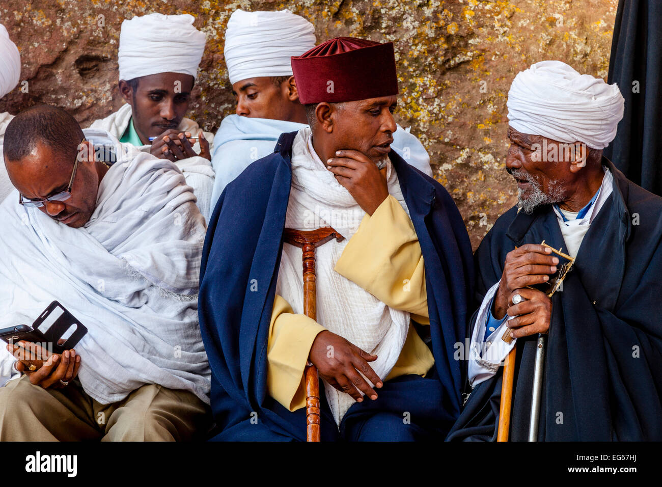 Church Priests and Deacons Taking Part In The Christmas Day Celebrations At Beite Maryam Church, Lalibela, Ethiopia Stock Photo