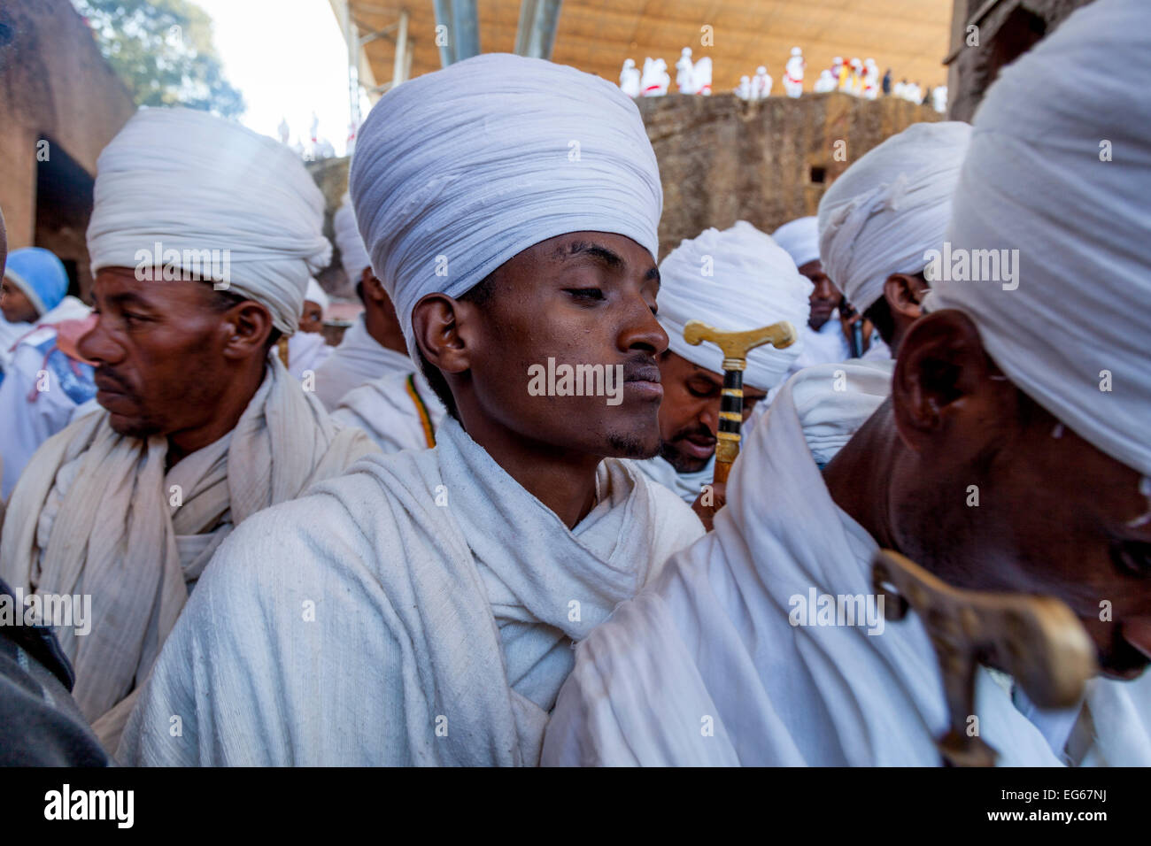 Church Priests and Deacons Taking Part In The Christmas Day Celebrations At Beite Maryam Church, Lalibela, Ethiopia Stock Photo