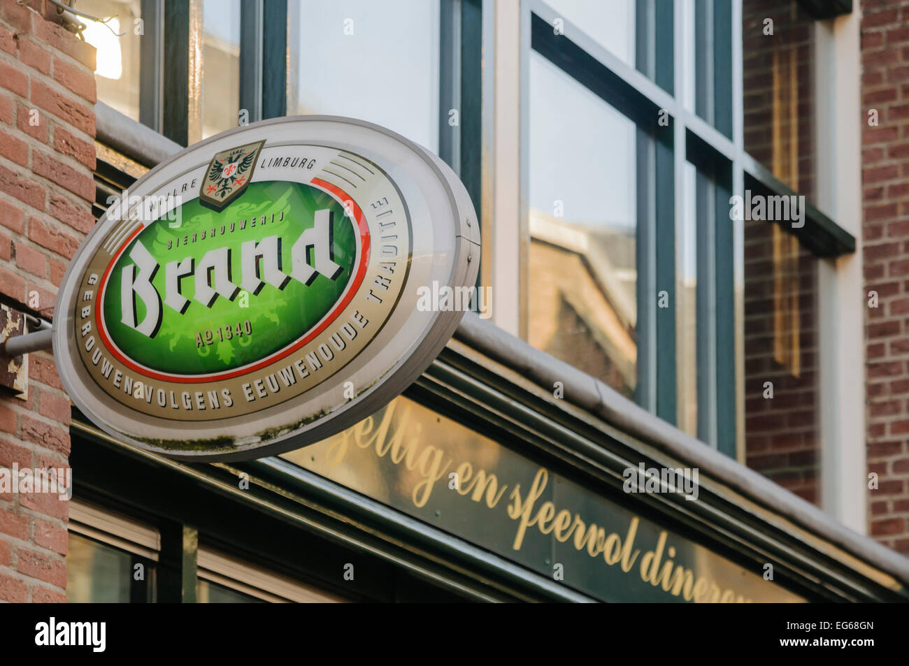 Sign for 'Brand' beer at a Dutch pub. Stock Photo