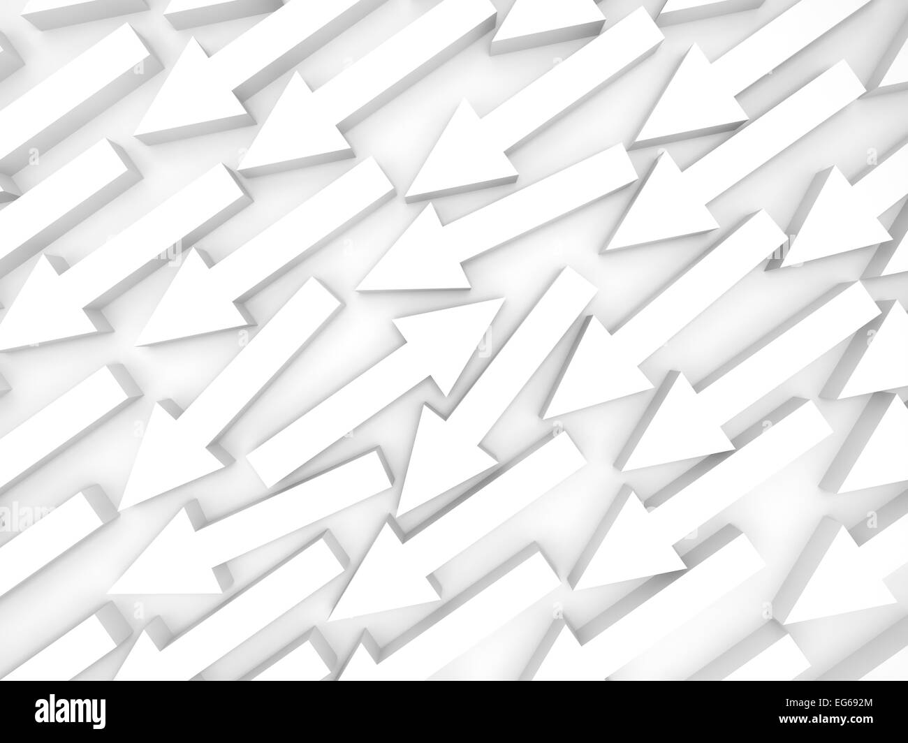 Abstract 3d illustration, one white arrow goes opposite Stock Photo