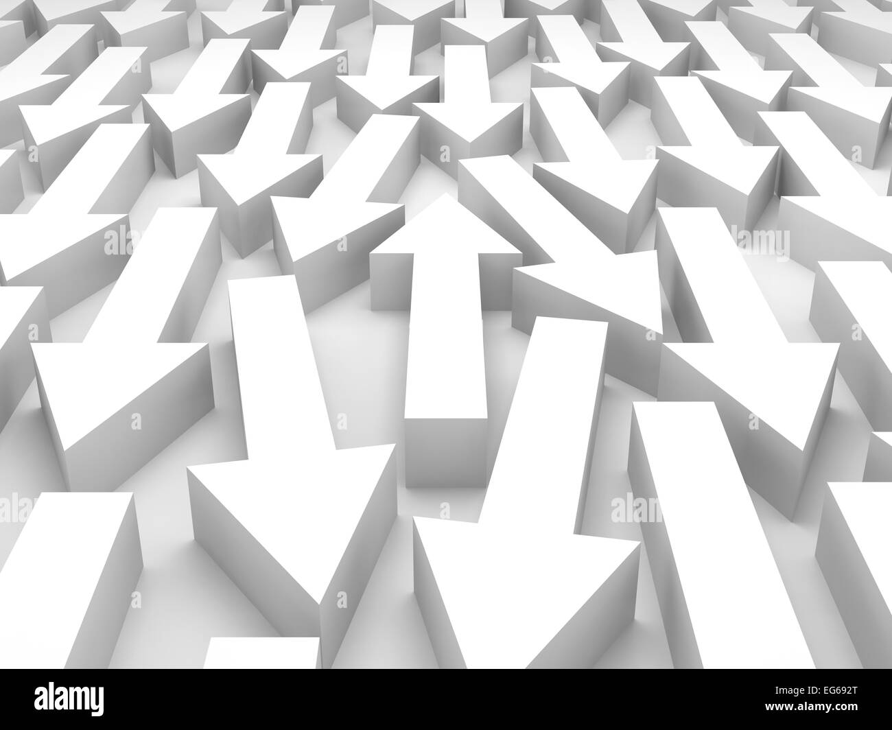 Abstract 3d illustration, one white arrow goes opposite in a large group Stock Photo