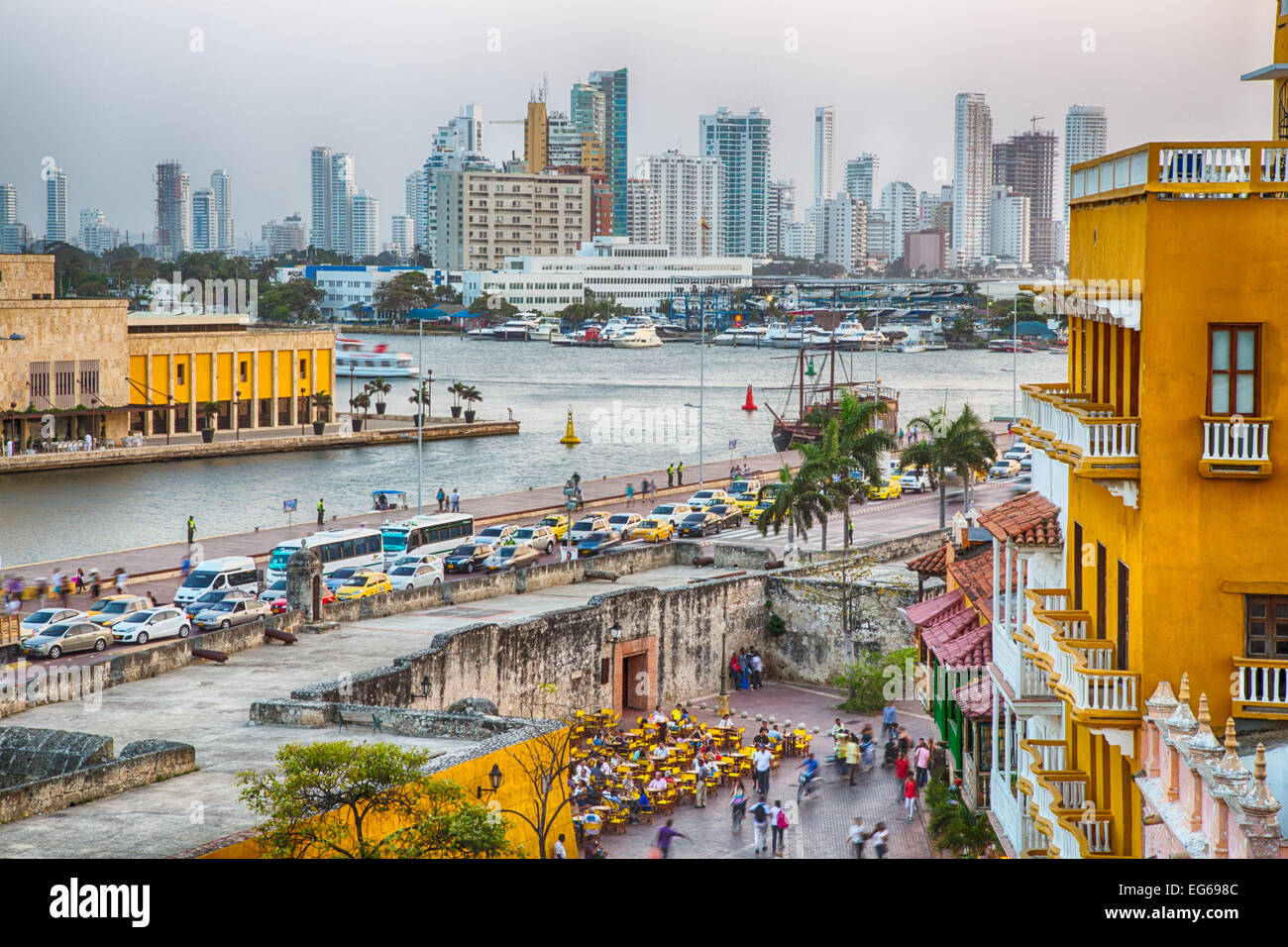 Cartagena, Colombia - February 21st, 2014 - View of the Plaza San Pedro Claver with the Towers of Bocagrande in the background.  Stock Photo