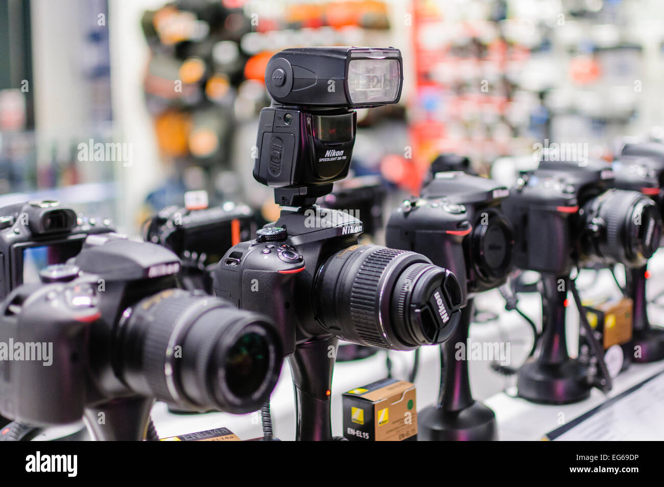 Cameras for sale in an electronics shop in an airport Stock Photo