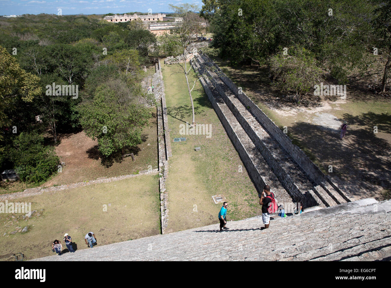 View from the steps of the Great Pyramid, Uxmal, Yucatan, Mexico Stock Photo