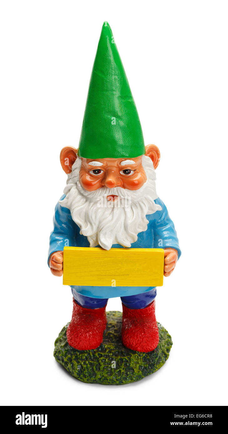 Garden Gnome Holding Blank Sign Isolated on White Background. Stock Photo