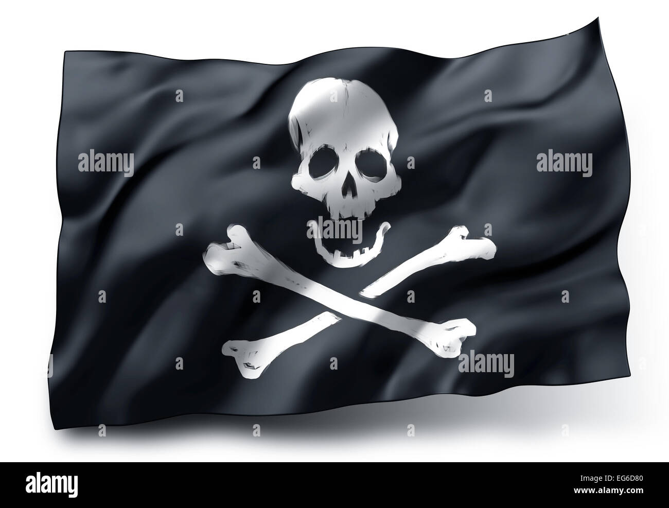 Black pirate flag Jolly Roger with skull and crossbones symbol isolated on white background Stock Photo