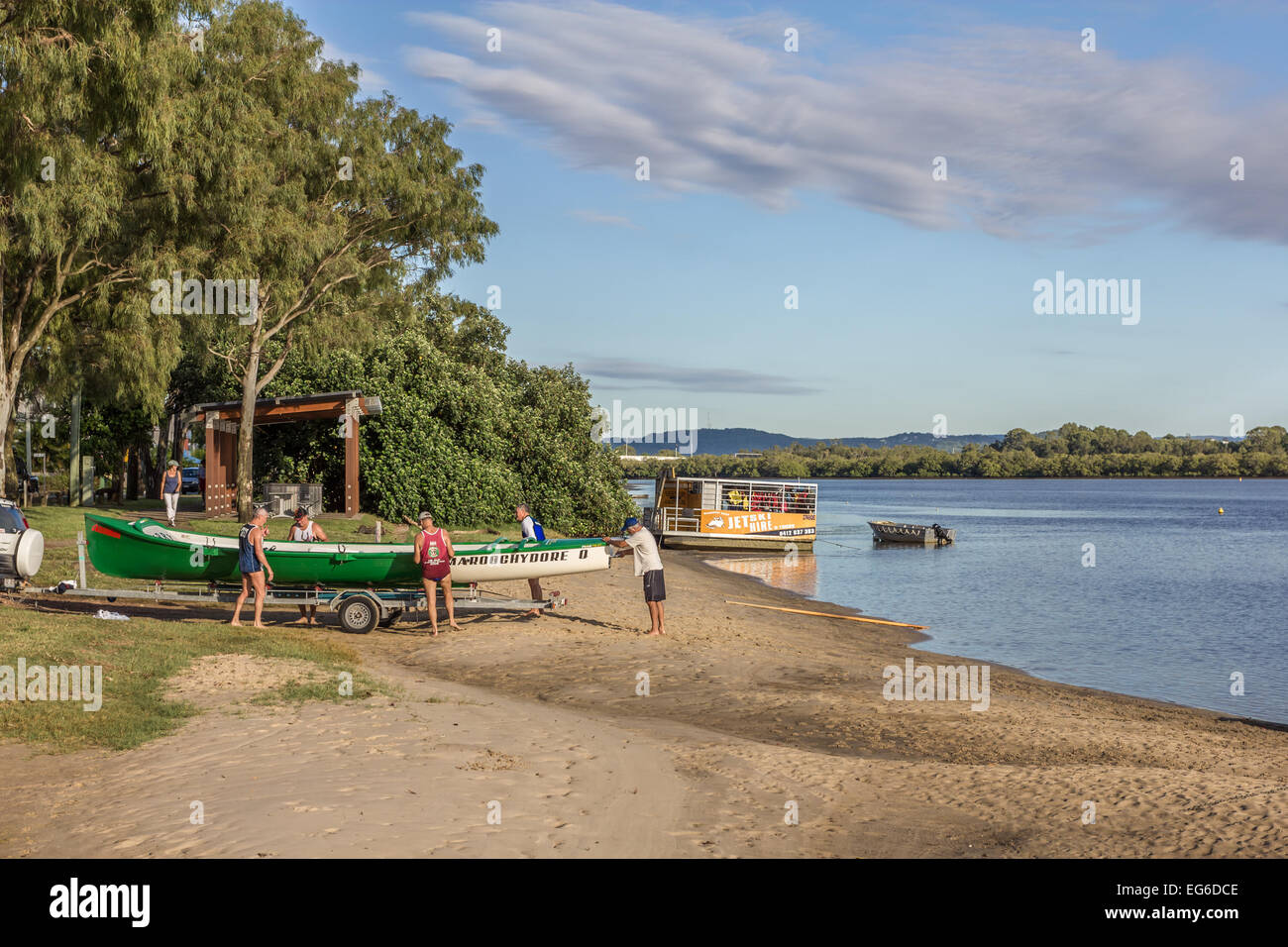 People preparing to launch a surf lifesaving row boat on the Maroochy River on the Sunchine Coast  Queensland, Australia Stock Photo