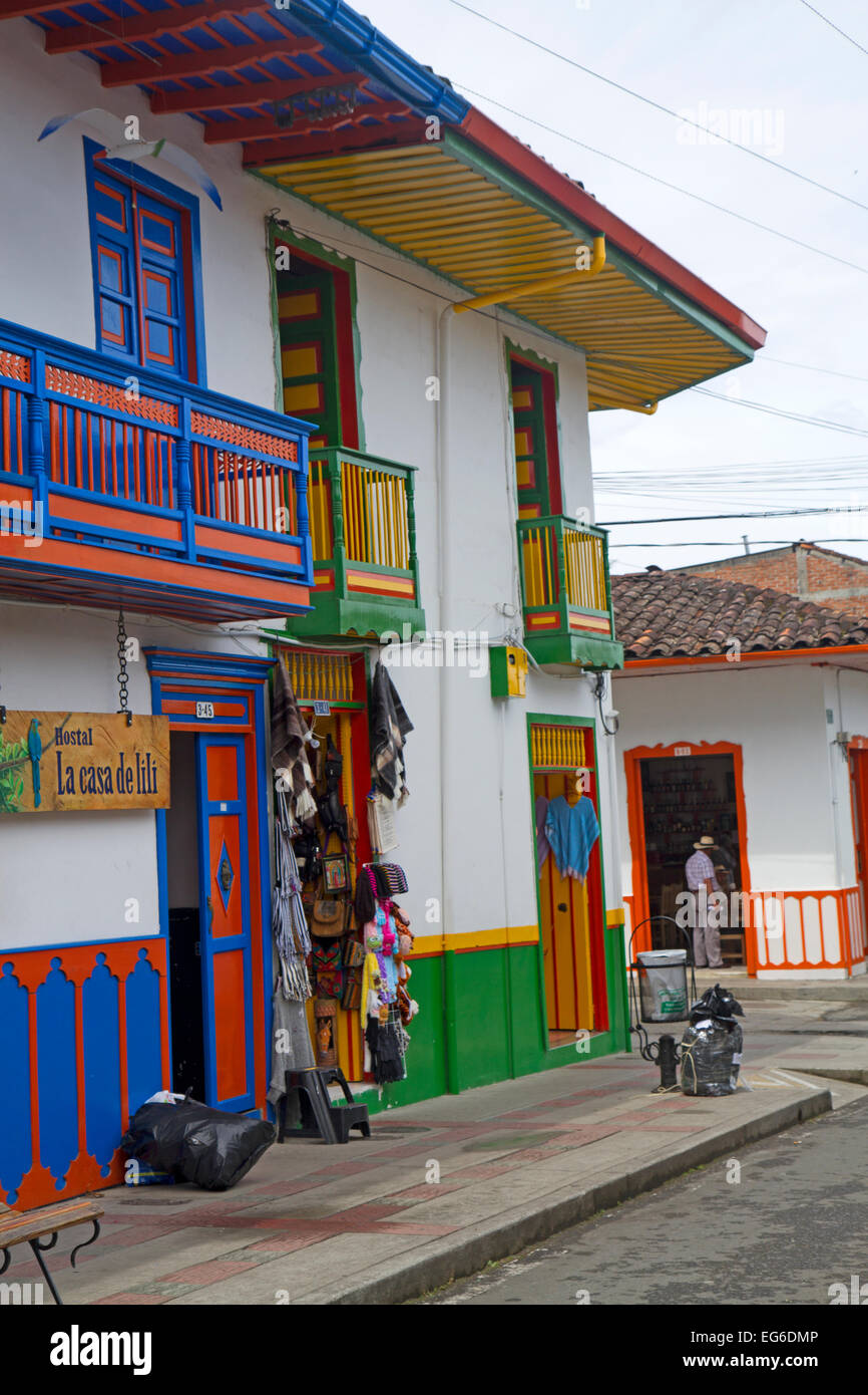 Colourful buildings in Salento in Colombia's Coffee Triangle Stock Photo