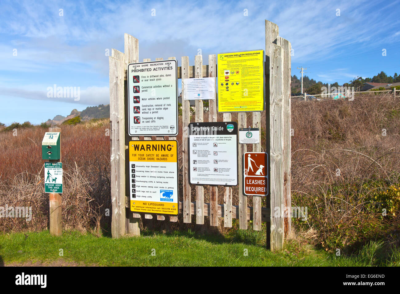 Signposts rules reminders and public warning at the beach Oregon coast