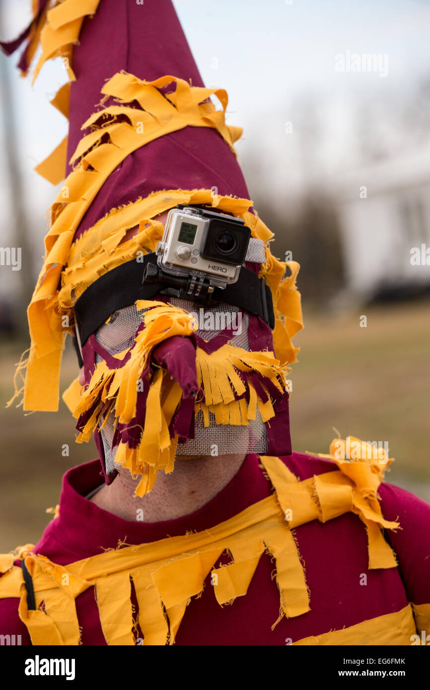 A costumed reveler wears a GoPro video camera on his hat during the  Faquetigue Courir de Mardi Gras chicken run on Fat Tuesday February 17,  2015 in Eunice, Louisiana. The traditional Cajun