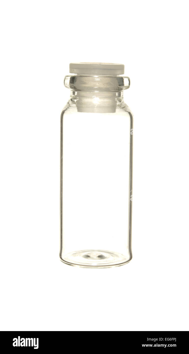 Empty transparent glass vial isolated on white background. Stock Photo