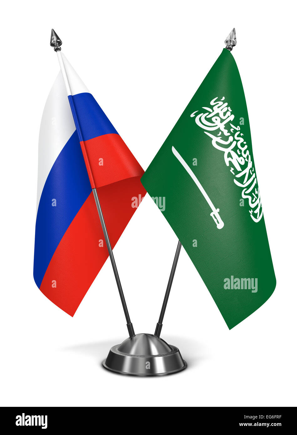 Russia and Saudi Arabia - Miniature Flags Isolated on White Background. Stock Photo