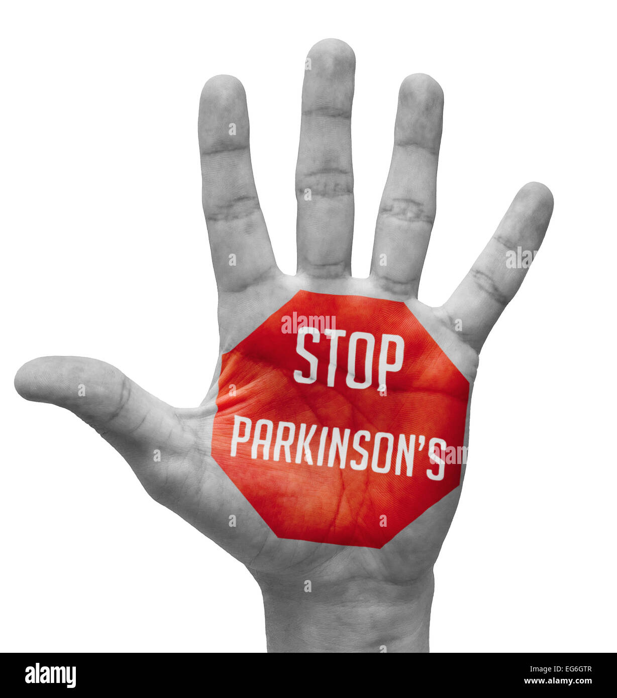 Stop Parkinson's - Red Sign Painted on Open Hand Raised, Isolated on White Background. Stock Photo