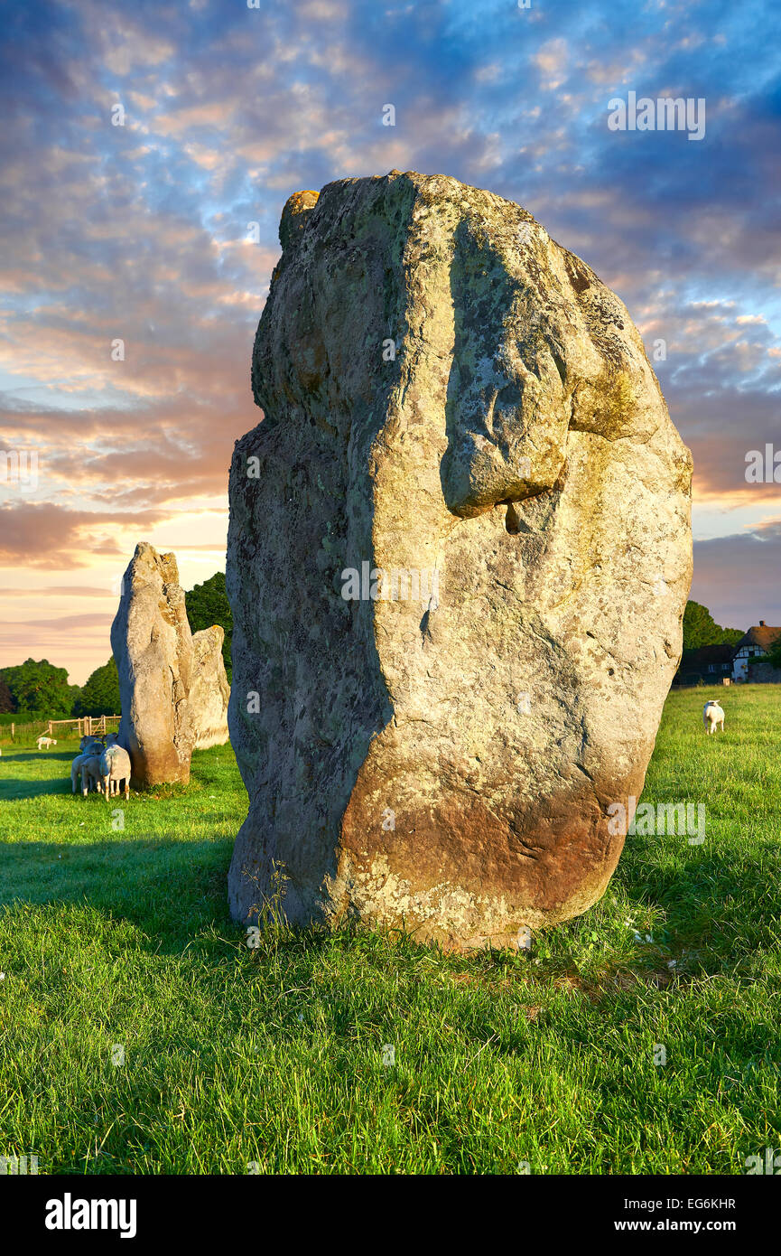 Avebury neolithic standing stone circle, largest in England at sunset, A UNESCO World Heritage Site, Wiltshire, England, Europe Stock Photo