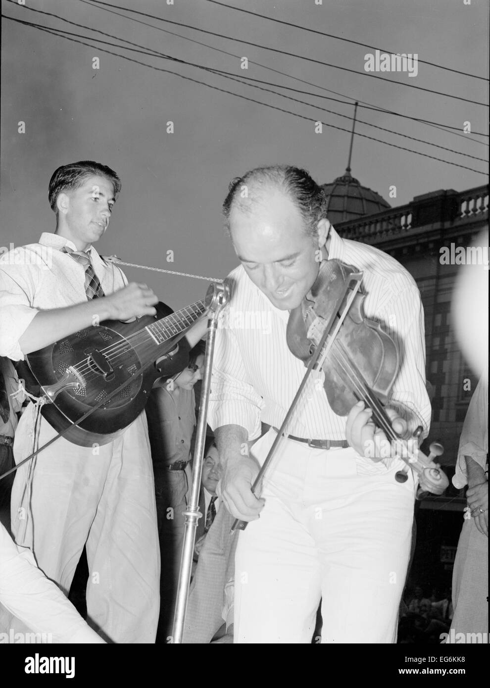 Musicians in Cajun band contest, National Rice Festival, Crowley, Louisiana. Most of the music was of the folk variety accompanied by singing, October 1938 Stock Photo