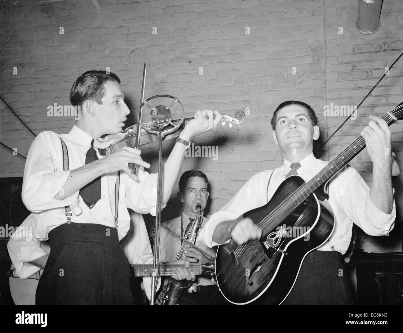 Cajun musicians at fais-do-do at National Rice Festival. Crowley, Louisiana, October 1938 Stock Photo