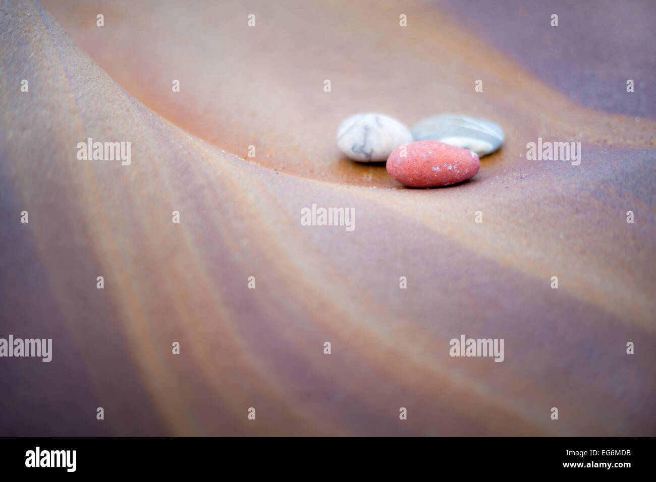 Macro shot of the pretty pastel pink, purple and orange rocks with fine lines on the beach at Collywell Bay, Northumberland. Stock Photo