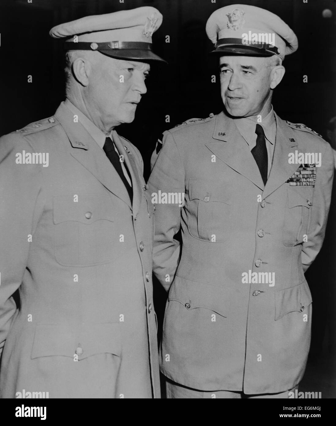 Generals Dwight Eisenhower and Omar Bradley, July 19, 1948. They were attending the funeral of General of the WW1 Armies, John Stock Photo