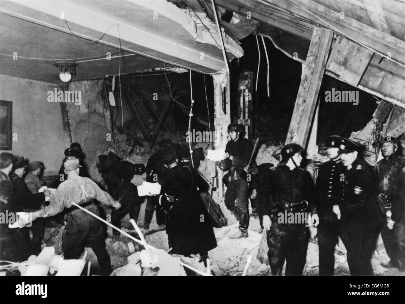 Ruins after the assassination attempt on Hitler by 42-year-old Johann Georg Elser. The time bomb explosion at the site of the Stock Photo