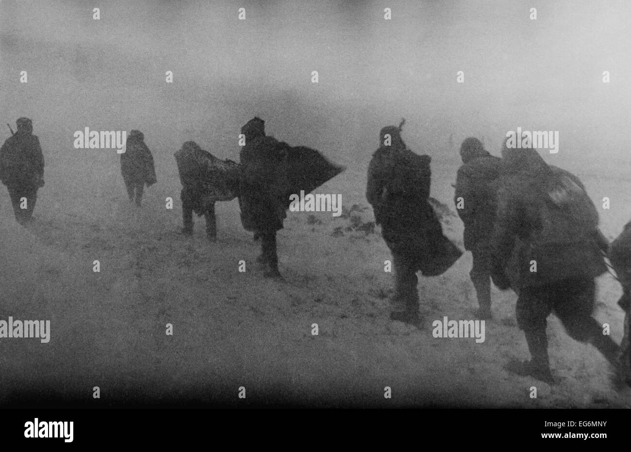 Soviet soldiers marching in blowing snow in 1944. World War 2 photograph by Georgi Zelma is entitled, 'Spring'. Stock Photo