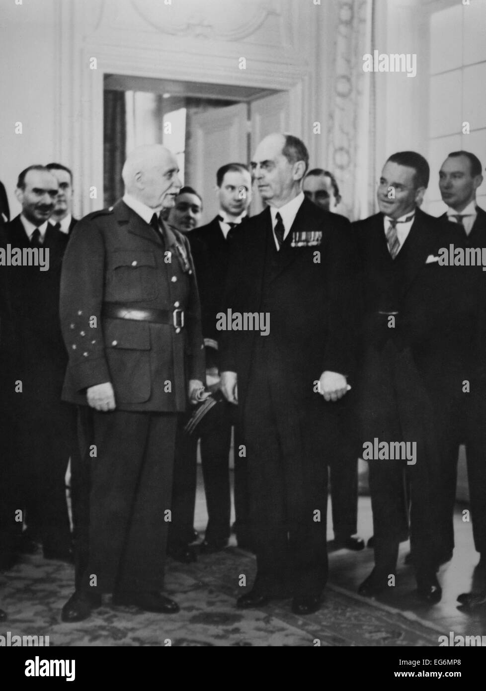 Ambassador William Leahy presenting credentials to Marshal Petain, at Vichy, France. July 8, 1941. While recognition of the Stock Photo