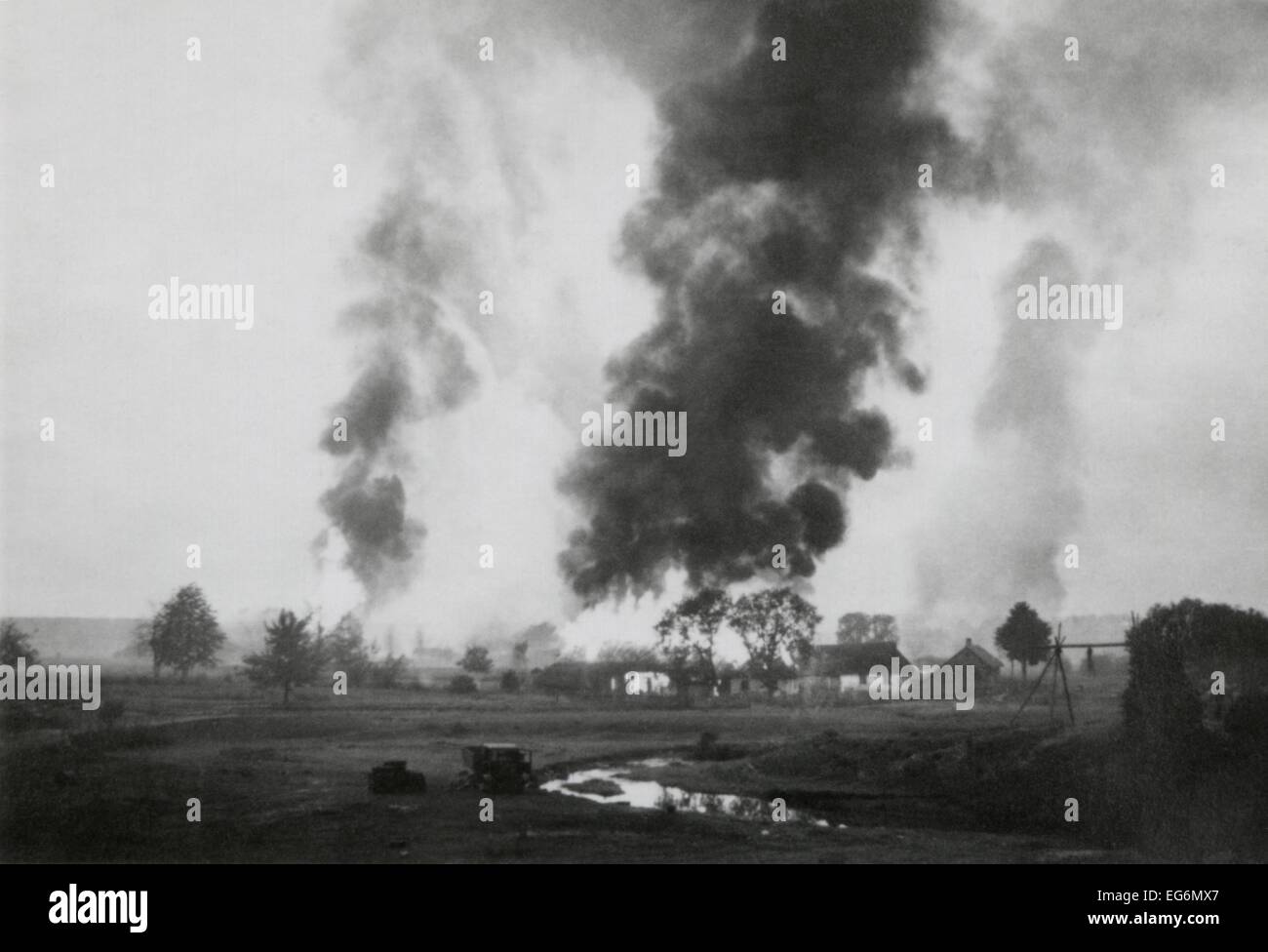Russian village in flames during the German invasion of the Soviet Union (Russia). In the Summer of 1941, retreating Russian Stock Photo