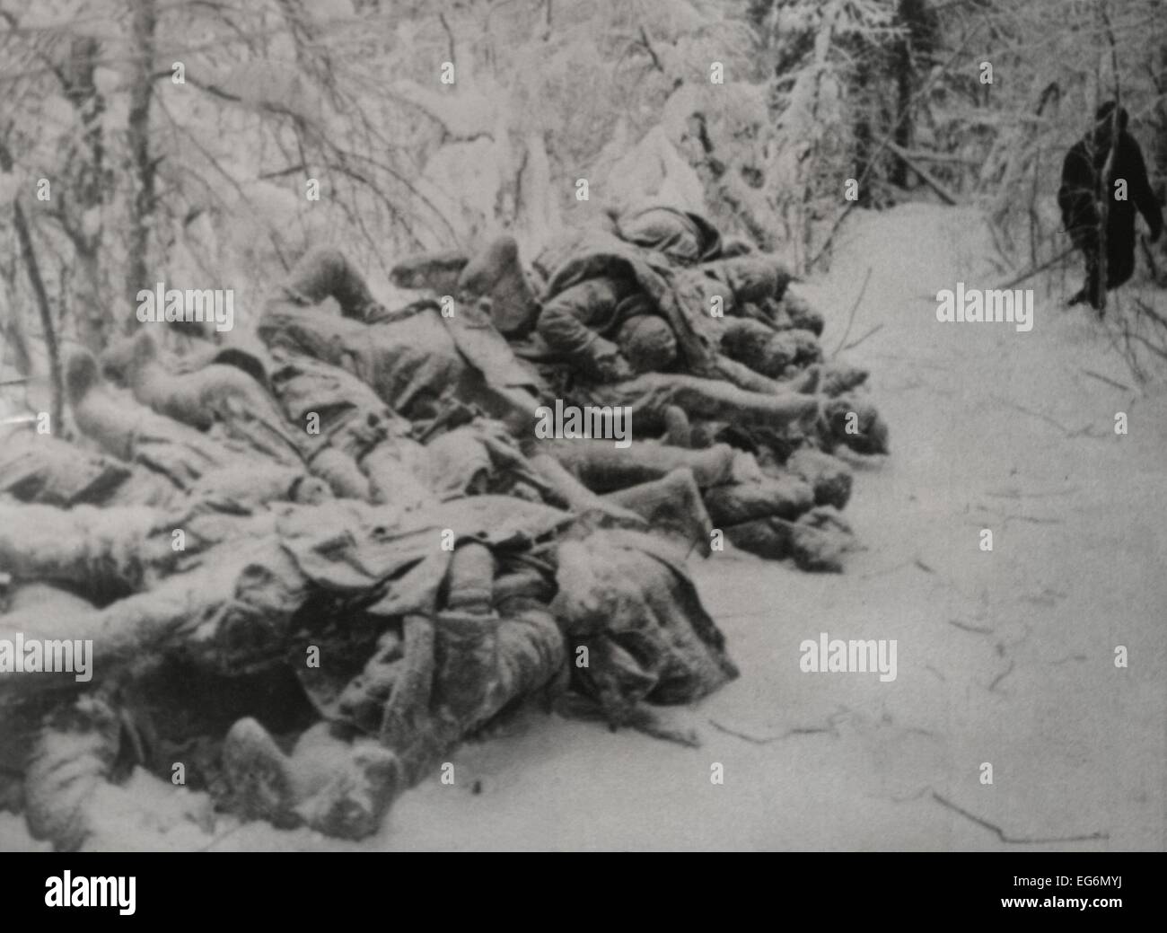 Frozen bodies of dead Soviet (Russian) soldiers killed in the Russo-Finnish War. Ca. Nov. 1939-March 1940. World War 2. Stock Photo
