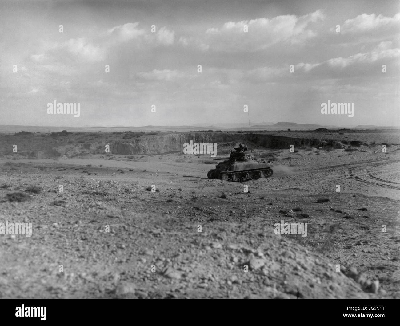 U.S. Army tank in Sidi Bou Zid, North Africa, shortly before the German advance of Feb. 14, 1943. 46 U.S. Sherman Tanks were Stock Photo