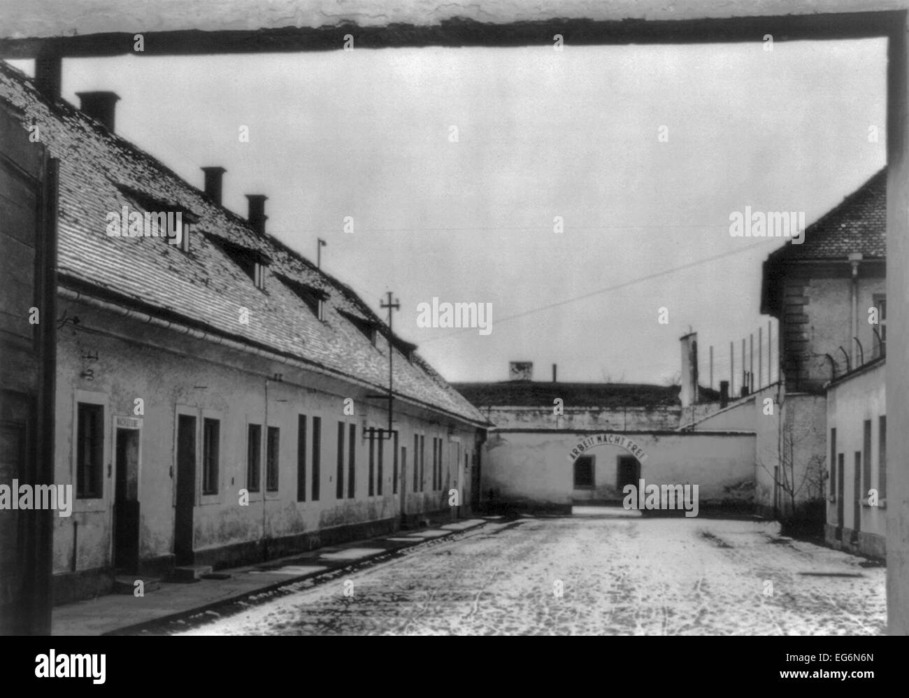 Theresienstadt concentration camp with sign 'Arbeit macht frei,' (Work makes you free). The slogan was placed over the Stock Photo