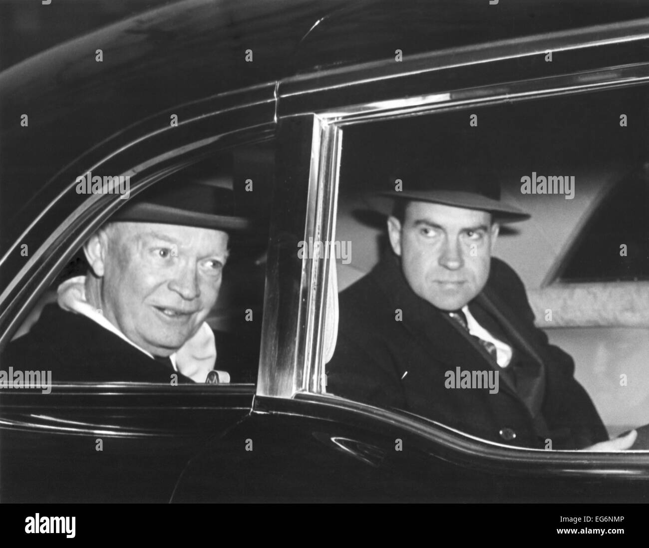 President Eisenhower and Vice President Richard Nixon in a limousine. Jan. 7, 1958. - (BSLOC 2014 14 42) Stock Photo