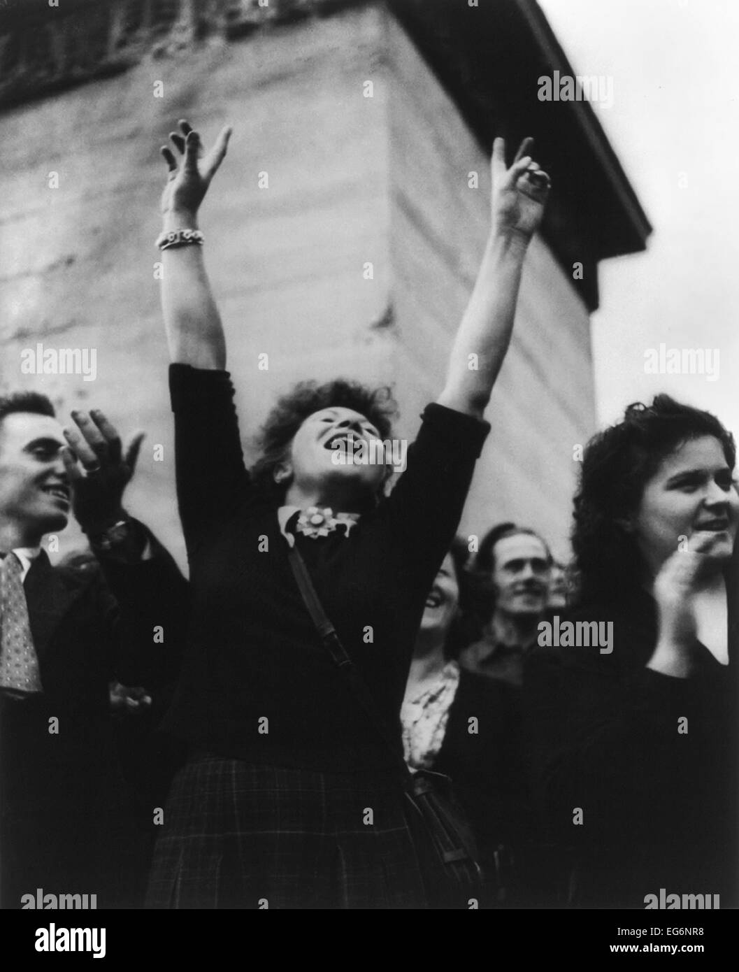 Parisian woman cheers at liberation celebration. August 29, 1944. World War 2. (BSLOC 2014 10 262) Stock Photo