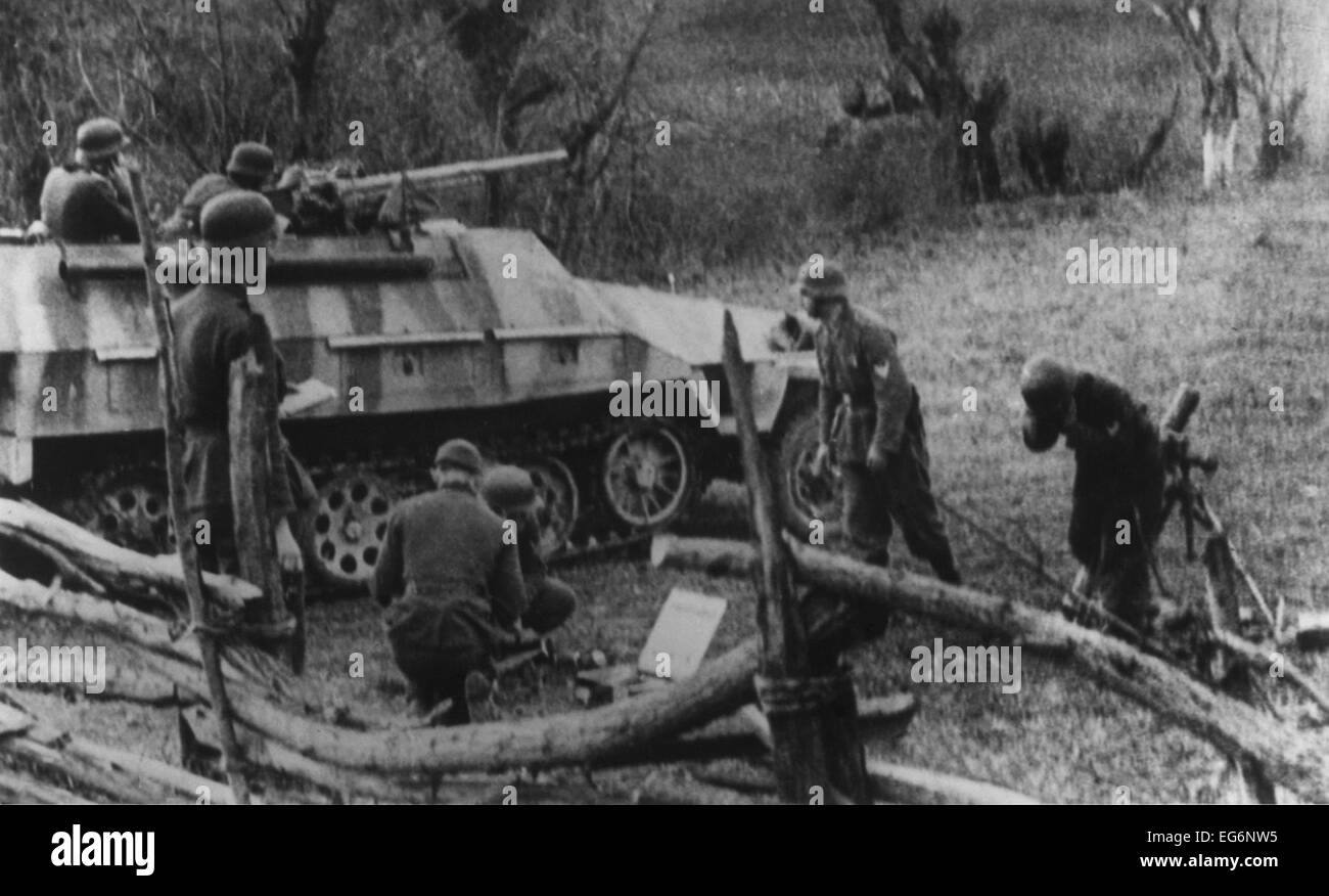 World War 2 combat in Yugoslavia, ca. 1944. German photograph caption 'Eingekesselte Tito-Banden' translates to 'Caught Tito Stock Photo